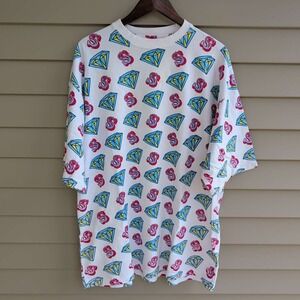 Kanji T-Shirt Mens 3XL White All Over Print Diamonds Dollar Signs 90s Vintage